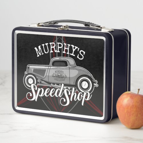 Hot Rod Speed Shop CUSTOM NAME Pinstripes Garage Metal Lunch Box
