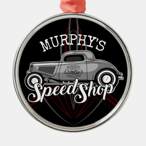Hot Rod Speed Shop CUSTOM NAME Pinstripes Garage Metal Ornament