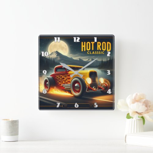 Hot rod zooms by moonlit lake square wall clock