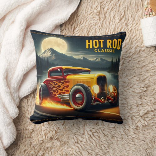 Hot rod zooms by moonlit lake throw pillow