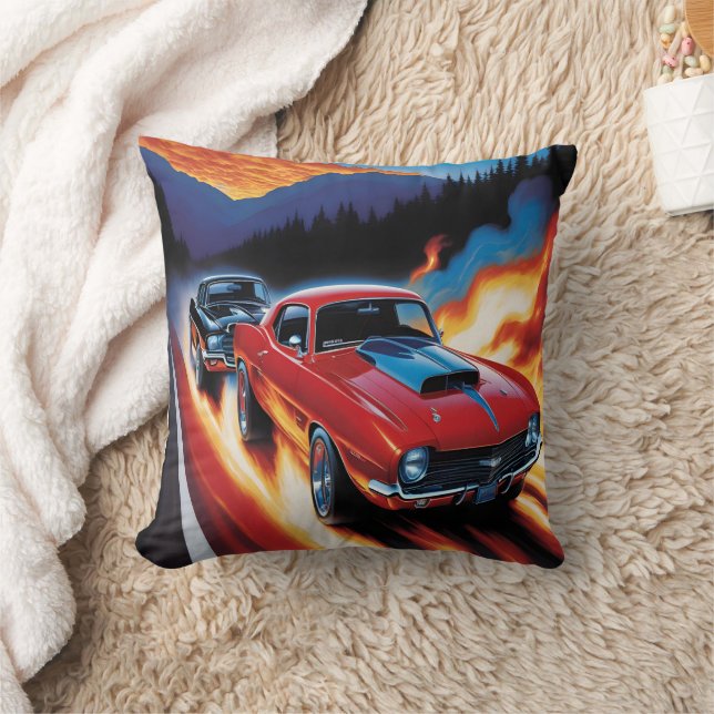 Hot rods racing at sunset in mountains throw pillow (Blanket)