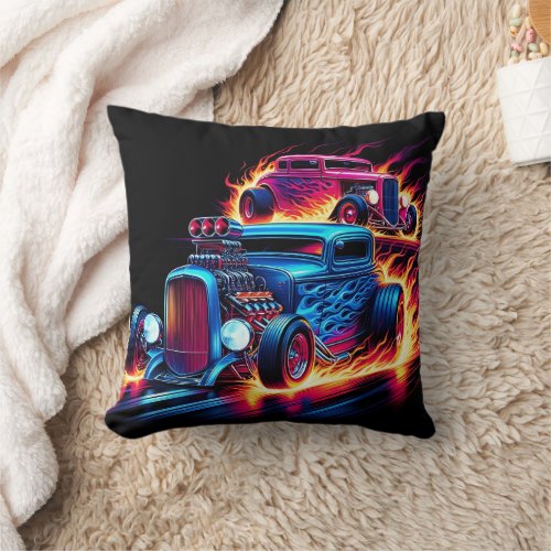 Hot rods racing through a fiery landscape at dusk throw pillow