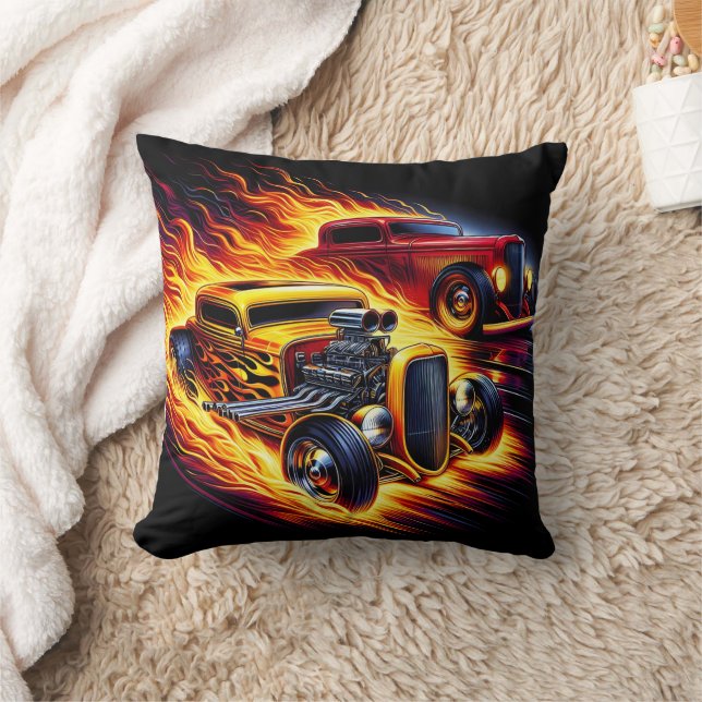 Hot rods racing through a fiery night landscape throw pillow (Blanket)