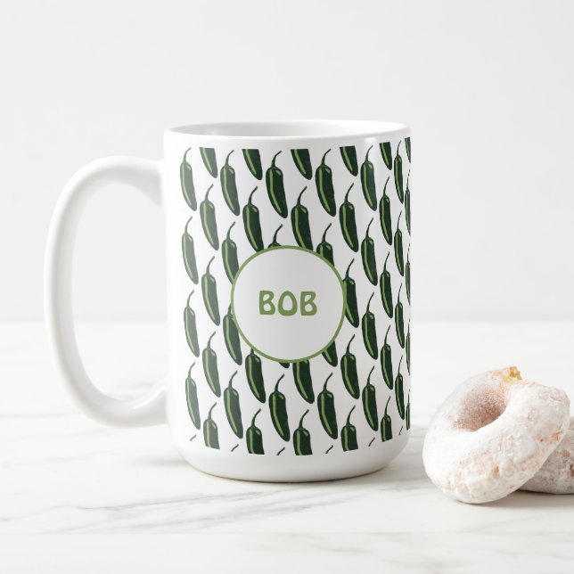 HOT & SPICY Jalapeño Chile Peppers Pattern CUSTOM Coffee Mug (With Donut)