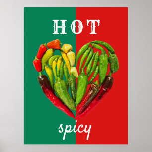 Hot spicy red green chili peppers heart poster
