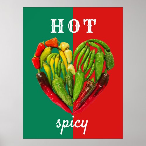 Hot spicy red green chili peppers heart  poster