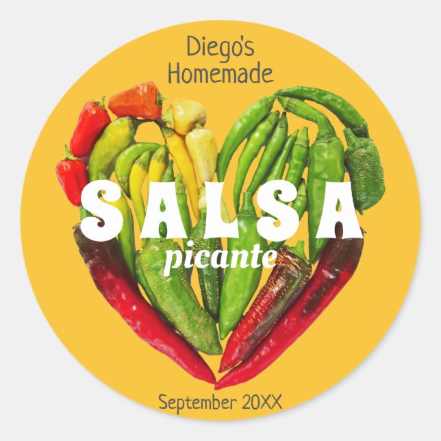 Hot spicy red green yellow chili peppers heart classic round sticker (Front)