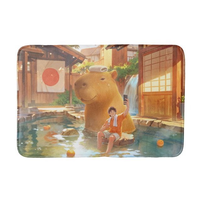 Hot Spring Moment: Giant Capybara Selfie Art Bath Mat (Front)