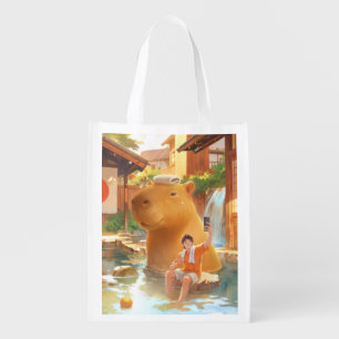 Hot Spring Moment: Giant Capybara Selfie Art Grocery Bag