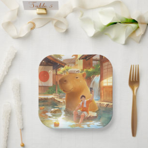 Hot Spring Moment: Giant Capybara Selfie Art Paper Plates