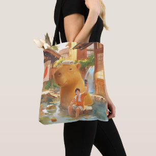 Hot Spring Moment: Giant Capybara Selfie Art Tote Bag