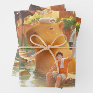 Hot Spring Moment: Giant Capybara Selfie Art Wrapping Paper Sheets