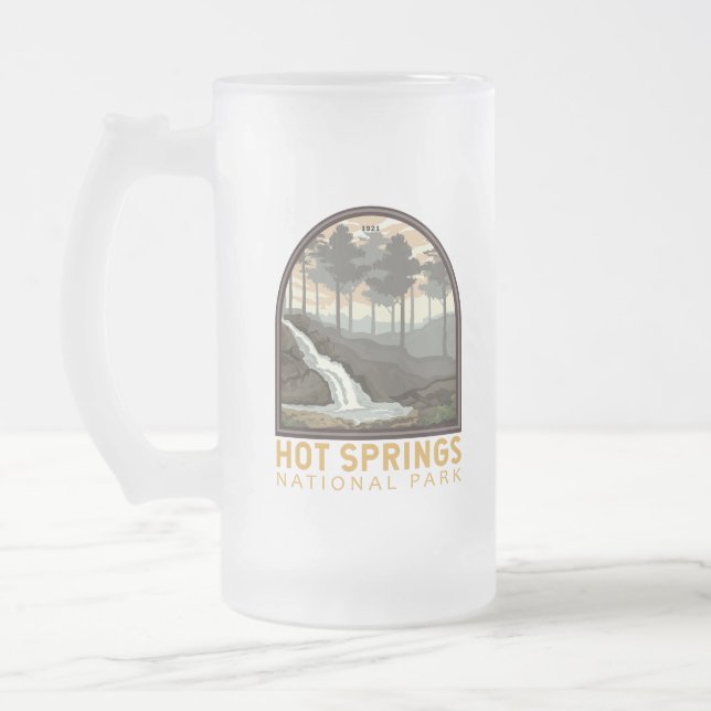 Hot Springs National Park Vintage Emblem Frosted Glass Beer Mug (Left)