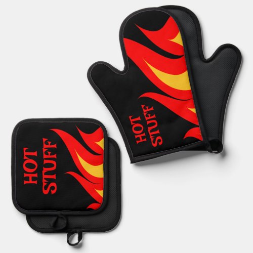 Hot Stuff BBQ fire flames custom Oven Mitt  Pot Holder Set