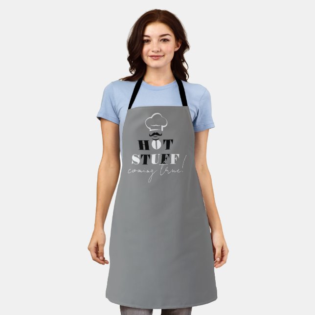Hot stuff comming true, black and white text apron (Worn)