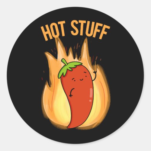 Hot Stuff Funny Red Hot Chili Pepper Pun Dark BG Classic Round Sticker