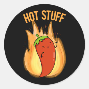 Hot Stuff Funny Red Hot Chili Pepper Pun Dark BG Classic Round Sticker