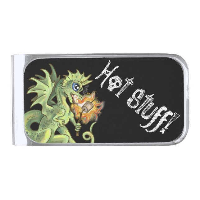 Hot Stuff! lil marshmellow roasting dragon Silver Finish Money Clip (Front)