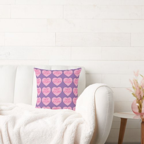 Hot Stuff Pink Purple Candy Heart Valentines Day Throw Pillow