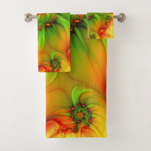 Hot Summer Green Orange Abstract Colorful Fractal Bath Towel Set