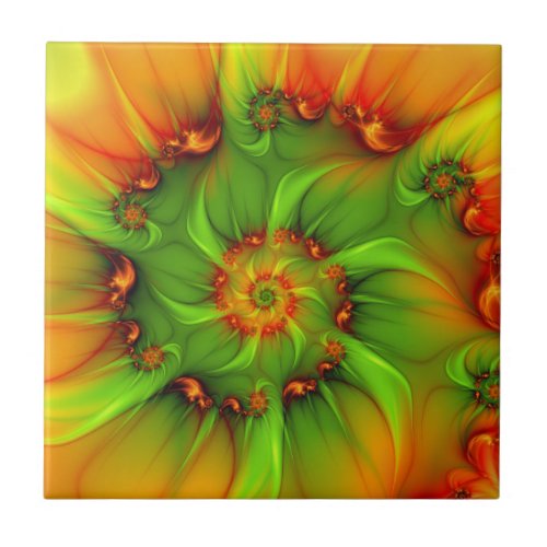 Hot Summer Green Orange Abstract Colorful Fractal Ceramic Tile