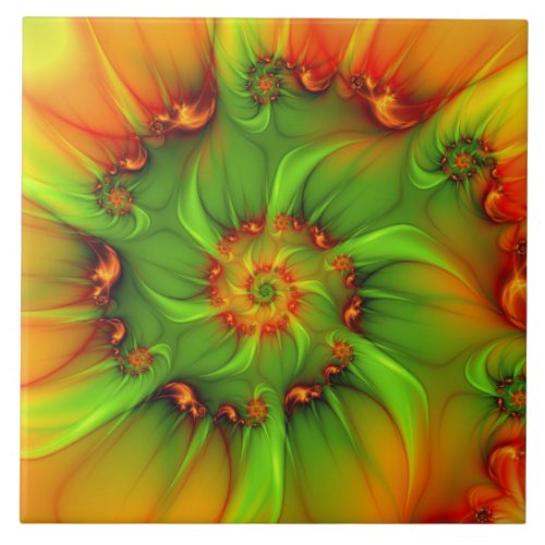 Hot Summer Green Orange Abstract Colorful Fractal Ceramic Tile