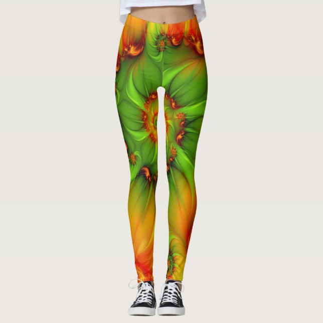 Hot Summer Green Orange Abstract Colorful Fractal Leggings (Front)