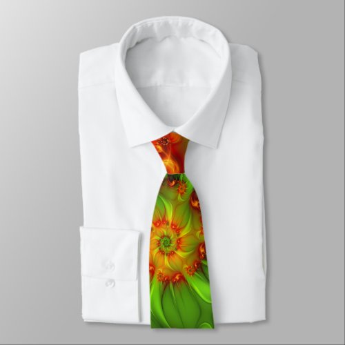 Hot Summer Green Orange Abstract Colorful Fractal Neck Tie