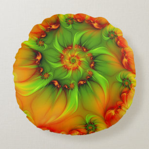 Hot Summer Green Orange Abstract Colorful Fractal Round Pillow