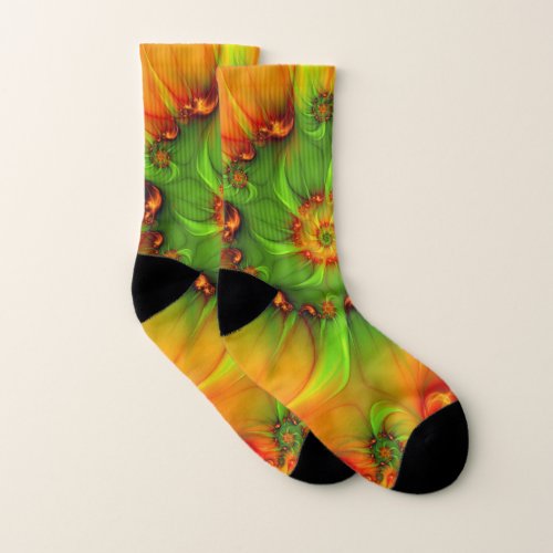 Hot Summer Green Orange Abstract Colorful Fractal Socks