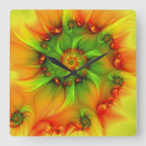 Hot Summer Green Orange Abstract Colorful Fractal Square Wall Clock