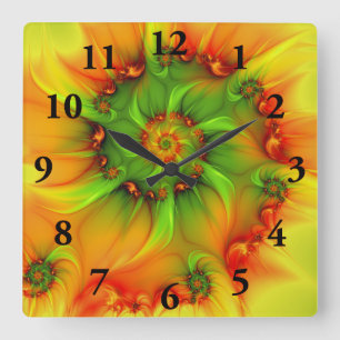 Hot Summer Green Orange Abstract Colorful Fractal Square Wall Clock