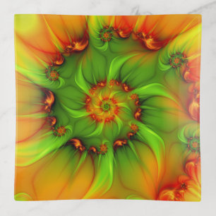 Hot Summer Green Orange Abstract Colorful Fractal Trinket Tray