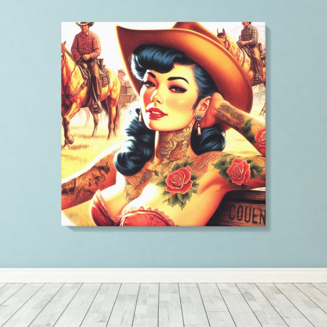 Hot Tattoo Cowgirl Canvas Print (Insitu(Wood Floor))