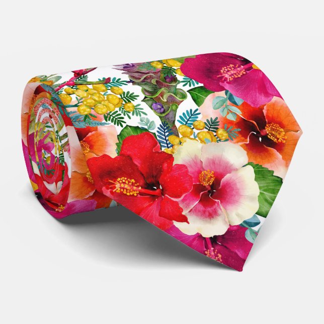 Hot Tropical Blooms Pattern Neck Tie (Rolled)