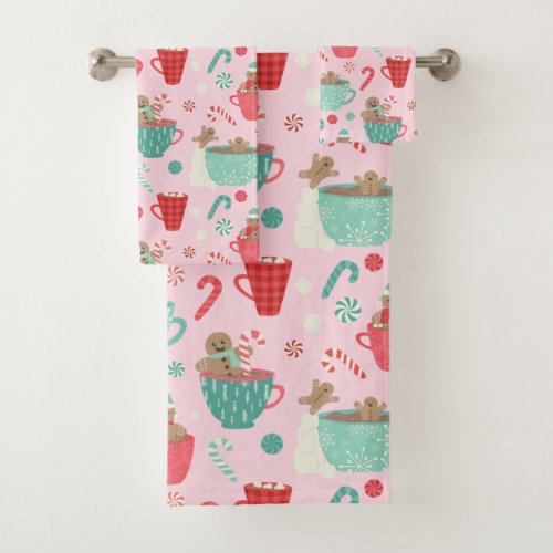 Hot Tub Gingerbread Cute Pink Hot Cocoa Bath Towel Set