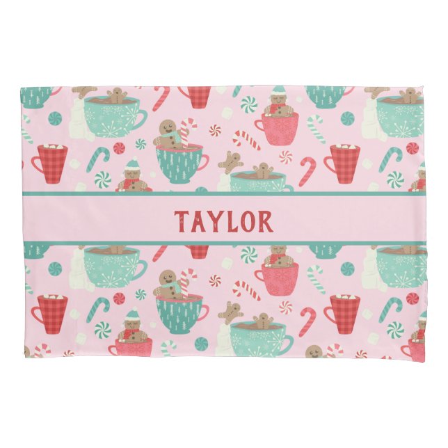 Hot Tub Gingerbread Cute Pink Hot Cocoa Pattern Pillow Case (Front)