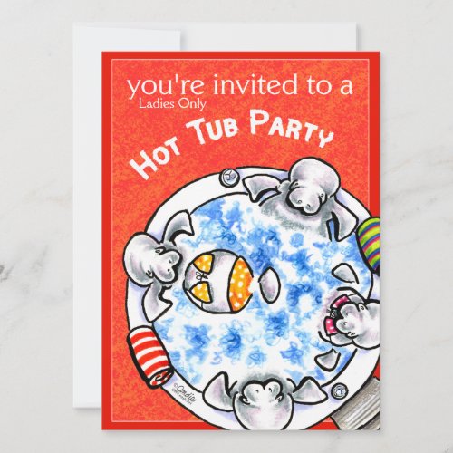 Hot Tub Party Funny Manatees Off_Leash Art Red Invitation