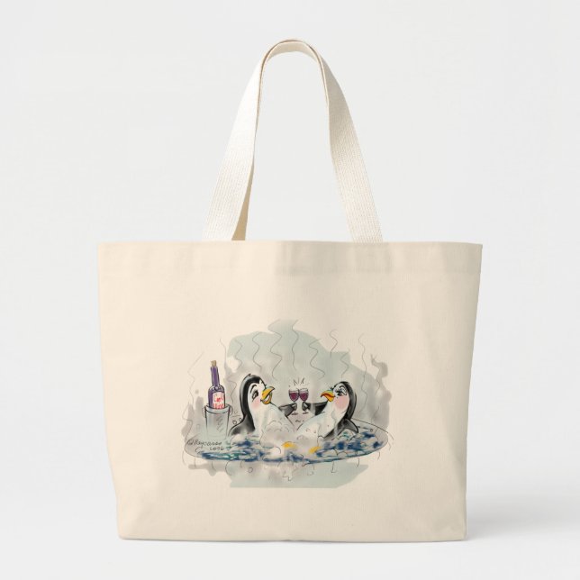 Hot Tub Penguins_bl Large Tote Bag (Front)