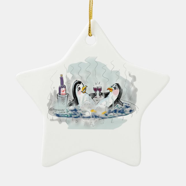 Hot Tub Penguins Ceramic Ornament (Front)
