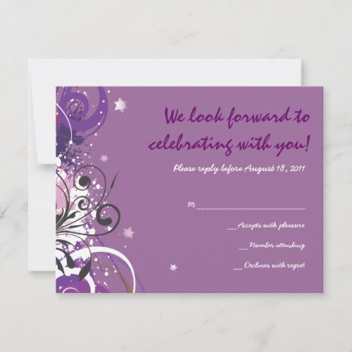 Hot Violet Swirls Stars Bat Mitzvah Reply Card