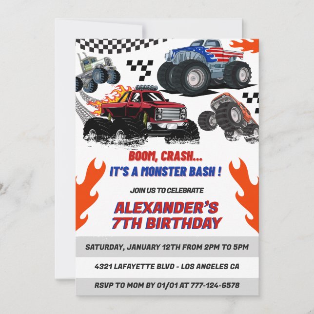 Hot wheels party invitations Boy Boom Crash (Front)
