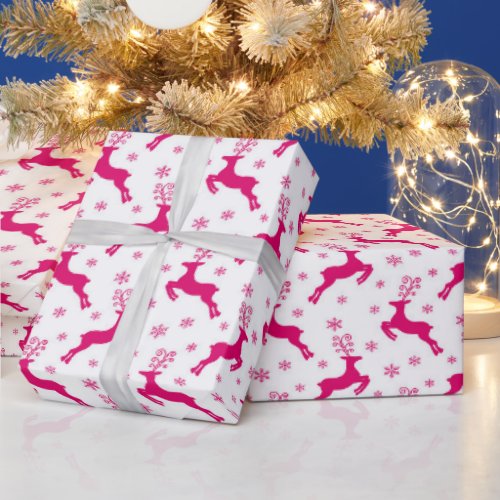 Hot White  Pink Winter Christmas Reindeer Wrapping Paper