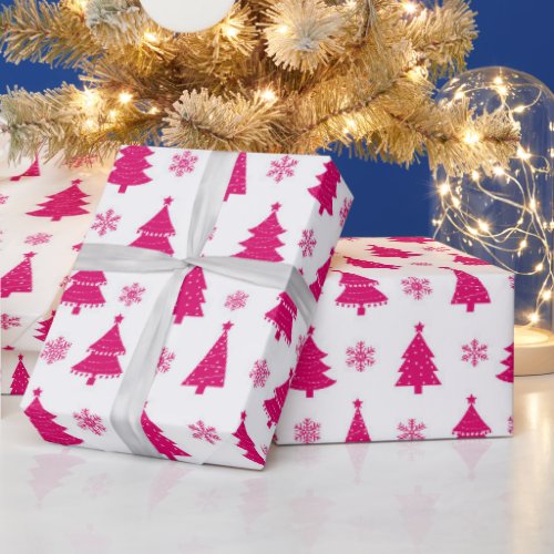 Hot White  Pink Winter Christmas Tree Wrapping Paper