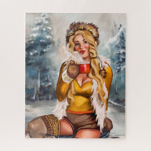 Hot Winter Drinks Cool Vintage Pinup Girl Art Jigsaw Puzzle