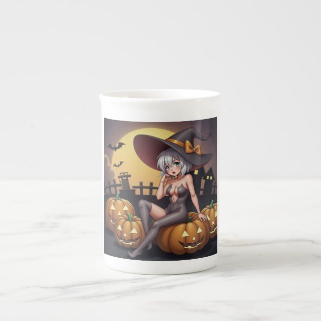 Hot Witch in Halloween Pumpkin Patch Bone China Mug (Front)