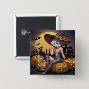 Hot Witch in Halloween Pumpkin Patch Button