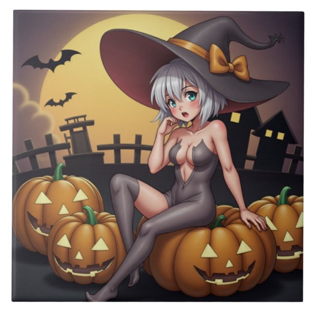 Hot Witch in Halloween Pumpkin Patch Ceramic Tile (Front)