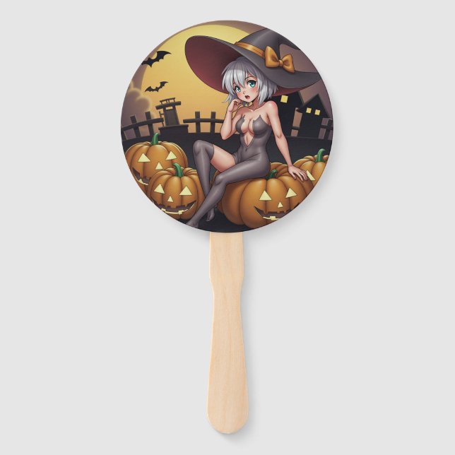 Hot Witch in Halloween Pumpkin Patch Hand Fan (Front)