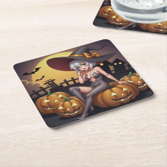 Hot Witch in Halloween Pumpkin Patch Square Paper Coaster (Angled)
